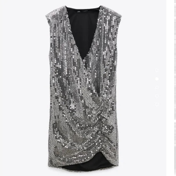 SOLD-Zara Draped Silver Sequin Shoulder Padded Mini Dress XS NWT blogger fave - Picture 5 of 9
